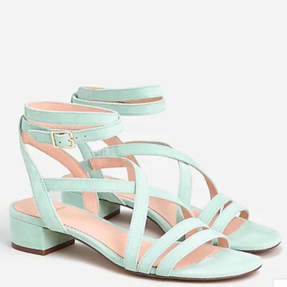 J. Crew Strappy Suede Low Hell Sandals - Light Sage